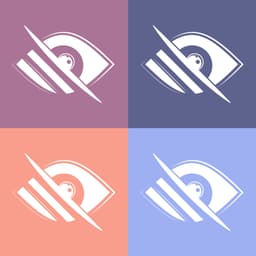 Logo représentant un œil stylisé barré, décliné en quatre couleurs de fond.